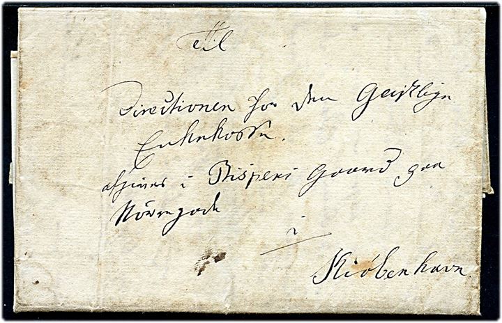 1824. Privat befordret brev med indhold dateret i Rønne paa Bornholm d. 9.3.1824 til Direktionen for den gejstlige Enkekasse, afgives i Bispens Gaard paa Nørregade i Kiøbenhavn.