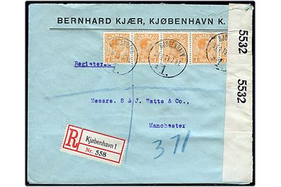 7 øre Chr. X i vandret 5-stribe på 35 øre frankeret anbefalet brev fra Kjøbenhavn d. 31.1.1919 via London til Manchester, England. Åbnet af britisk censur no. 5532.