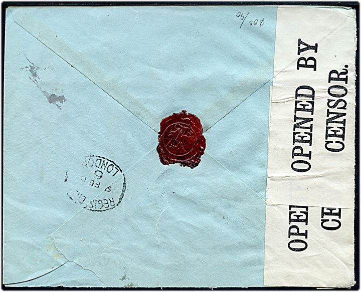 7 øre Chr. X i vandret 5-stribe på 35 øre frankeret anbefalet brev fra Kjøbenhavn d. 31.1.1919 via London til Manchester, England. Åbnet af britisk censur no. 5532.