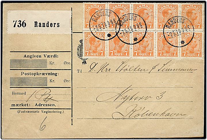 7 øre Chr. X (10) på adressebrev for pakke fra Randers d. 7.5.1919 til København.