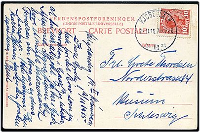 10 øre Chr. X med tydelig automatafskæring på brevkort fra Kjøbenhavn B. d. 2.11.1915 til Husum i Slesvig.