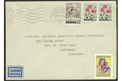 75 aur Idræt, 1 kr. Blomster i par og mærkat fra Thorvaldsen Foreningen 1959 på luftpostbrev fra Reykjavik d. 18.12.1959 til Melbourne, Australien.