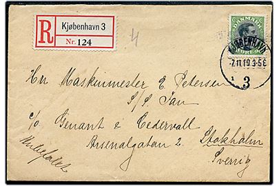 30 øre Chr. X single på anbefalet brev fra Kjøbenhavn d. 7.11.1919 til sømand ombord på S/S Jan i Stockholm, Sverige.