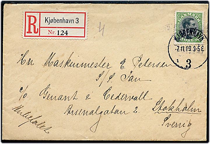 30 øre Chr. X single på anbefalet brev fra Kjøbenhavn d. 7.11.1919 til sømand ombord på S/S Jan i Stockholm, Sverige.