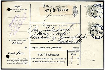20 øre Chr. X 60 år (2) på adressekort for pakke fra Odense d. 12.9.1931 til Arden. To arkivhuller.
