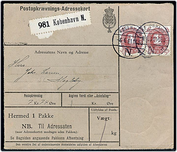 35 øre Chr. X 60 år i parstykke på Postopkrævnings-Adressekort for pakke fra København d. 6.6.1931 til St. Magleby.