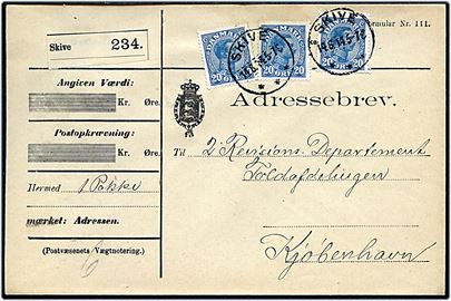 20 øre Chr. X (3) på adressebrev for pakke fra Skive d. 14.8.1914 til København.