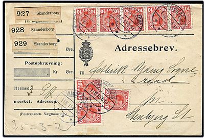 10 øre Chr. X (8) på adressebrev for 3 pakker fra Skanderborg d. 18.12.1915 til Østbirk Yding Sogneraad pr. Stenbjerg St.