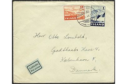 15 aur og 1 kr. Luftpost på luftpostbrev fra Reykjavik d. 2.2.1948 til København, Danmark.