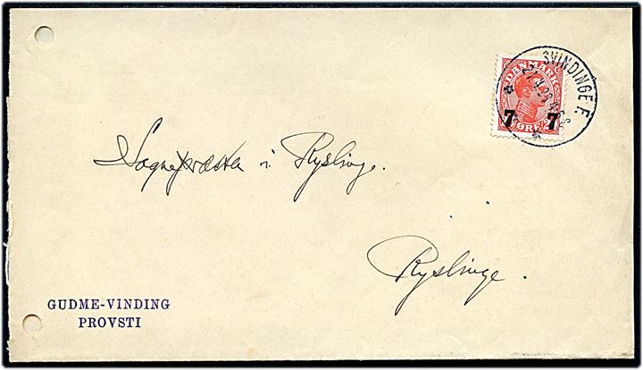 7/20 øre Provisorium på skrivelse sendt som tryksag annulleret med brotype IIIb Svindinge F. d. 21.4.1928 til Ryslinge. 2 arkivhuller.