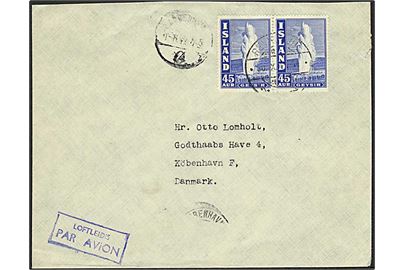 45 aur Geysir i parstykke på luftpostbrev fra Reykjavik d. 30.10.1947 til København, Danmark.