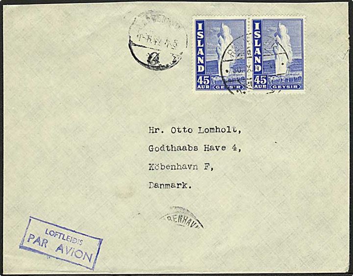 45 aur Geysir i parstykke på luftpostbrev fra Reykjavik d. 30.10.1947 til København, Danmark.
