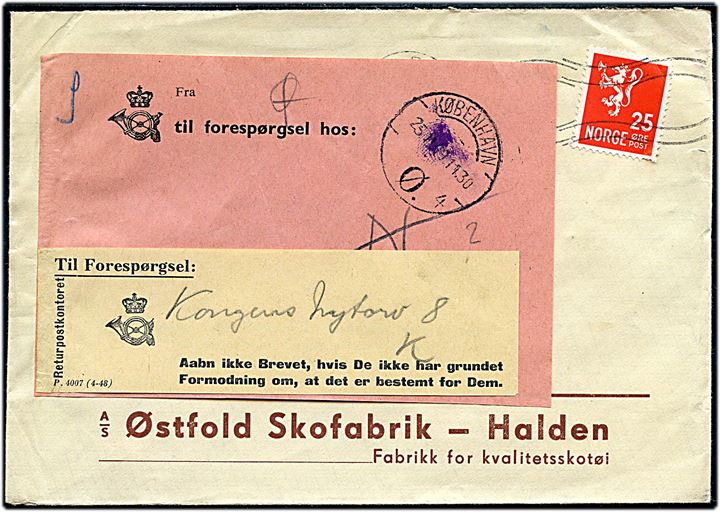 25 øre Løve på brev fra Horten 24.11.1949 til København. Forespurgt med 2 forskellige etiketter.