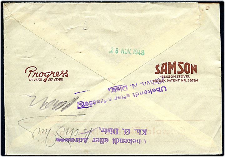 25 øre Løve på brev fra Horten 24.11.1949 til København. Forespurgt med 2 forskellige etiketter.