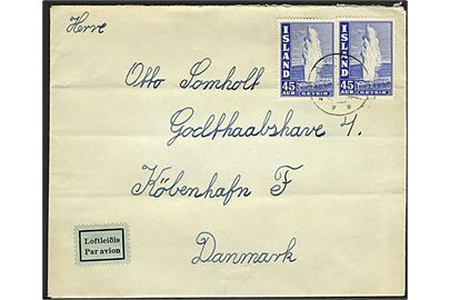 45 aur Geysir (2) på luftpostbrev ca. 1948 til København, Danmark.