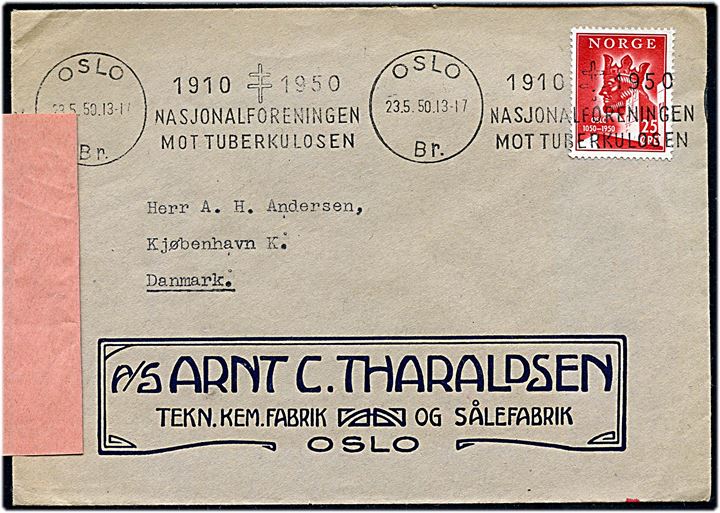 25 øre Oslo byjubilæum på brev fra Oslo d. 23.5.1950 til København, Danmark. Påsat forespørgselsetiket.