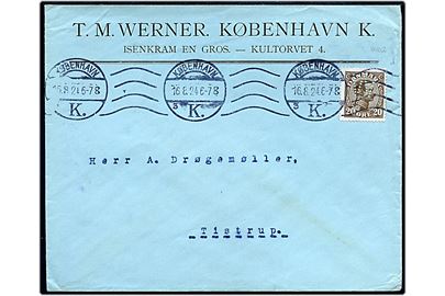 20 øre Chr. X med perfin W på firmakuvert fra T. M. Werner i København d. 16.8.1924 til Tistrup.