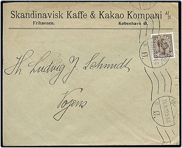 20 øre Chr. X med perfin F.K. på firmakuvert fra Skandinavisk Kaffe & Kakao Kompani Frihavnen stemplet København Ø d. 26.10.1922 til Vojens.