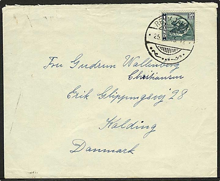 50 aur Torsk single på brev fra Reykjavik d. 25.9.1945 til Kolding, Danmark.