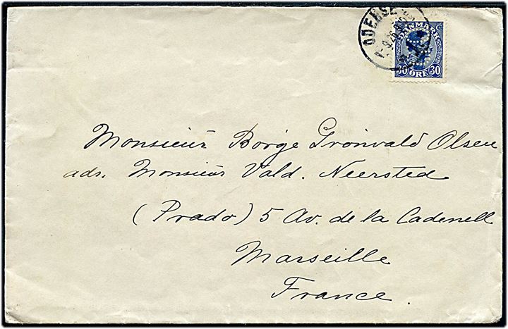 30 øre Chr. X med perfin C.O. (A/S Chr. Chr. Olsen Frøavl og Frøhandel) på brev fra Odense d. 1.9.1926 til Marseille, Frankrig. Uden afsender.