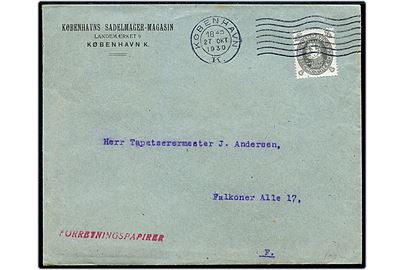 8 øre Chr. X 60 år med perfin K.S.M. på lokal forretningspapirer fra Københavns Sadelmager-Magasin i København d. 27.10.1930.