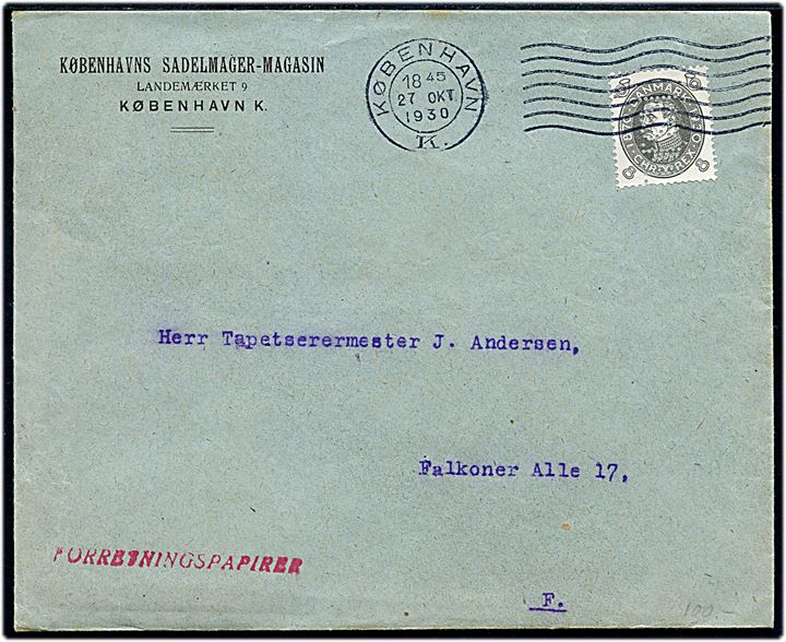 8 øre Chr. X 60 år med perfin K.S.M. på lokal forretningspapirer fra Københavns Sadelmager-Magasin i København d. 27.10.1930.