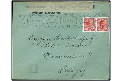 10 øre Chr. X i parstykke med perfin E&L på firmakuvert fra Engelhard & Lohse i Kjøbenhavn d. 5.2.1918 til Leipzig, Tyskland. Åbnet af tysk censur.