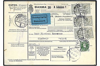 40 øre Chr. X 60 år o 50 øre Chr. X (6) med perfin S.&M. på internationalt adressekort for pakke fra firma Strøyer & Mørck A/S i København d. 3.3.1931 via Reykjavik til Olafsvik, Island.