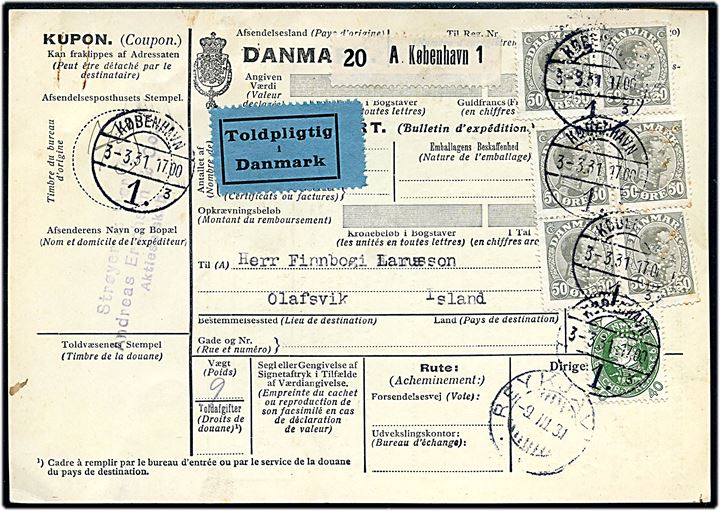 40 øre Chr. X 60 år o 50 øre Chr. X (6) med perfin S.& M. på internationalt adressekort for pakke fra firma Strøyer & Mørck A/S i København d. 3.3.1931 via Reykjavik til Olafsvik, Island.
