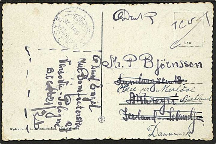 Polsk 12 gr. frankeret brevkort sendt som tryksag fra Warszawa d. 5.5.1926 til Akureyri på Island - eftersendt til Merløse, Danmark.