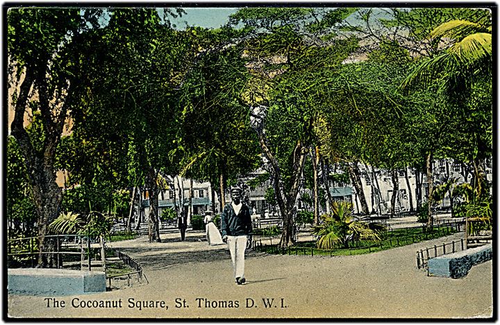 D.V.I., St. Thomas, The Cocoanut Square. Lightbourn u/no. Frankeret med 5 bit Fr. VIII sendt som tryksag fra Frederiksted d. 4.9.1911 til USA.