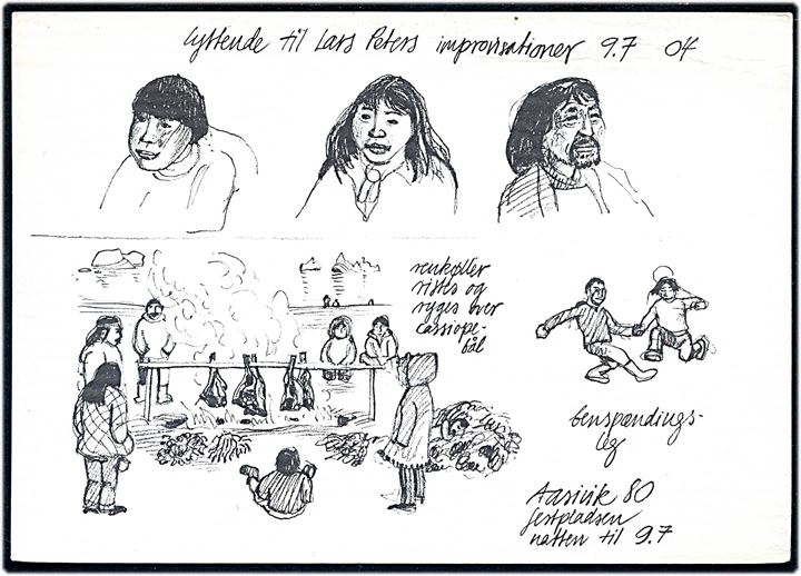 Jørn Mathiassen: Festpladsen. Skitsebogsblad fra Aasivik 80 ved Qornoq i Godthåbsfjorden. Udgivet af DKP Østerbro til Land og Folk Indsamling 1980.