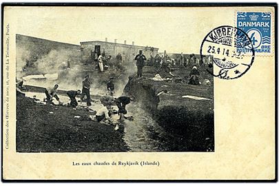 Reykjavik, tøjvask. Fremstillet i Frankrig u/no. Uadresseret, men påsat dansk 4 øre Bølgelinie stemplet Kjøbenhavn d. 25.4.1914.
