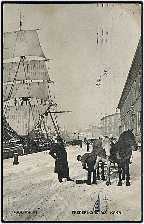 Købh., Frederiksholms kanal i sne med sejlskib. Fotograf Orla Bock. A. Vincent no. 631
