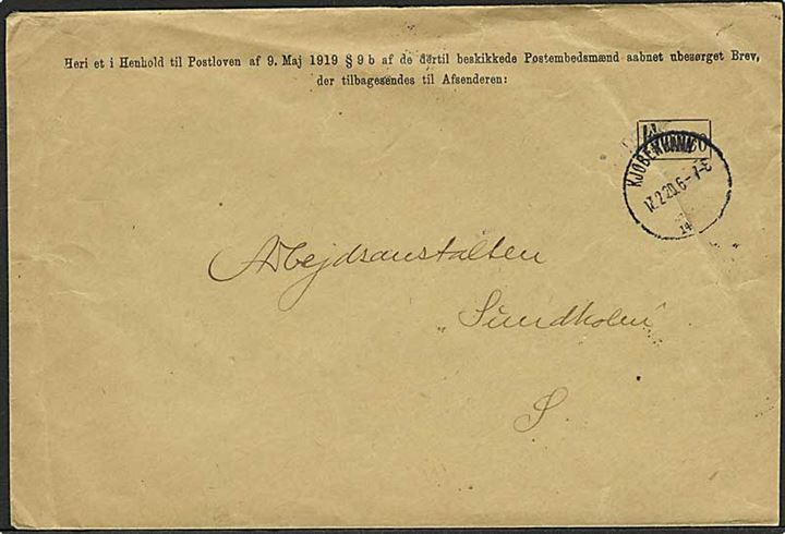 Ufrankeret returkuvert til ubesørget brev stemplet Kjøbenhavn d. 17.2.1920 til Arbejdsanstalten Sundholm på Amager.