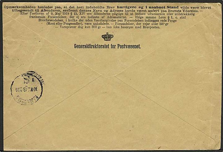 Ufrankeret returkuvert til ubesørget brev stemplet Kjøbenhavn d. 17.2.1920 til Arbejdsanstalten Sundholm på Amager.