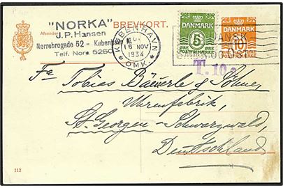 10 øre helsagsbrevkort (fabr. 112) opfrankeret med 5 øre Bølgelinie fra København d. 16.11.1934 til Tyskland. Underfrankeret med violet T 10c. portostempel.