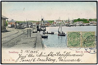 Svendborg, havneparti med skibe. Warburg no. 1015.