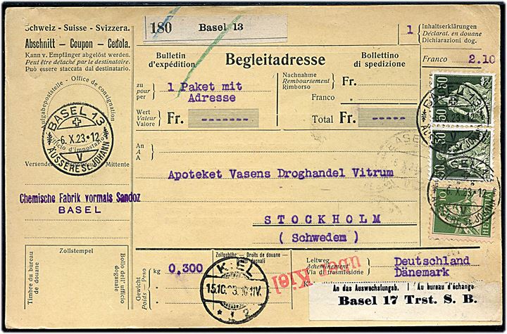 10 c. og 50 c. (4) på for- og bagside af 2,10 fr. frankeret internationalt adressekort for pakke fra Basel d. 6.10.1923 via Deutsche Kartierung Stelle Basel og Kiel til Stockholm, Sverige.