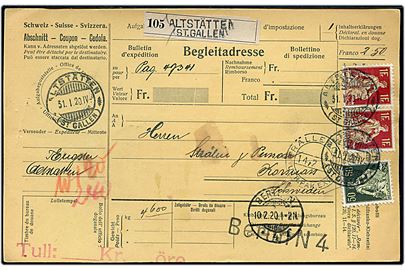 50 c. og 1 fr. (par) på 2,50 fr. frankeret internationalt adressekort for pakke fra Altstätten (St. Gallen) d. 31.1.1920 via Lindau, Berlin og Trälleborg til Sverige.