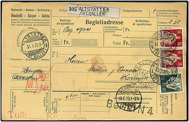 50 c. og 1 fr. (par) på 2,50 fr. frankeret internationalt adressekort for pakke fra Altstätten (St. Gallen) d. 31.1.1920 via Lindau, Berlin og Trälleborg til Sverige.