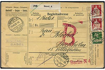 10 c. og 1 fr. (par) på 2,10 fr. frankeret internationalt adressekort for pakke fra Basel d. 15.12.1923 via Berlin til Stockholm, Sverige.