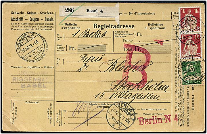 10 c. og 1 fr. (par) på 2,10 fr. frankeret internationalt adressekort for pakke fra Basel d. 15.12.1923 via Berlin til Stockholm, Sverige.