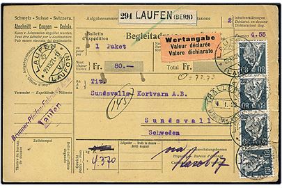 5 c., 50 c. og 80 c. (5) på for- og bagside af 4,55 fr. frankeret internationalt adressekort for vædripakke fra Laufen d. 29.12.1921 via Trälleborg til Sundsvall, Sverige.