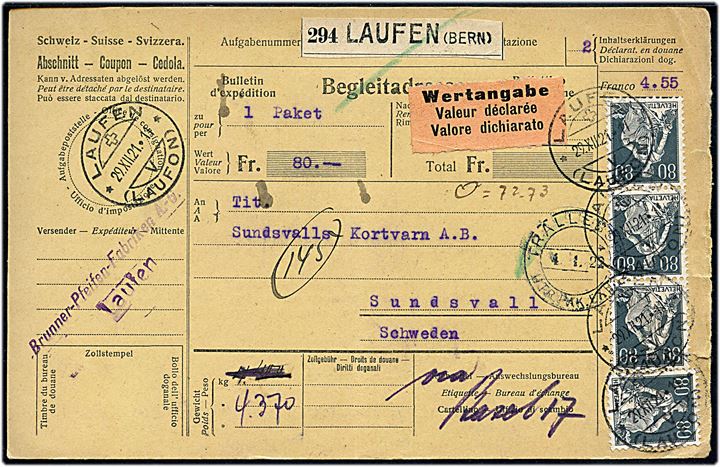 5 c., 50 c. og 80 c. (5) på for- og bagside af 4,55 fr. frankeret internationalt adressekort for vædripakke fra Laufen d. 29.12.1921 via Trälleborg til Sundsvall, Sverige.