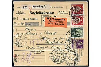 15 c., 50 c. og 1 fr. (2) på 2,65 fr. frankeret internationalt adressekort for værdipakke fra Porrentruy d. 2.2.1918 via Basel og Trälleborg til Karlstad, Sverige.