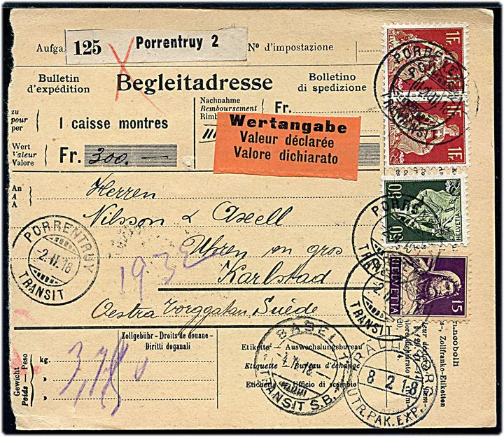 15 c., 50 c. og 1 fr. (2) på 2,65 fr. frankeret internationalt adressekort for værdipakke fra Porrentruy d. 2.2.1918 via Basel og Trälleborg til Karlstad, Sverige.