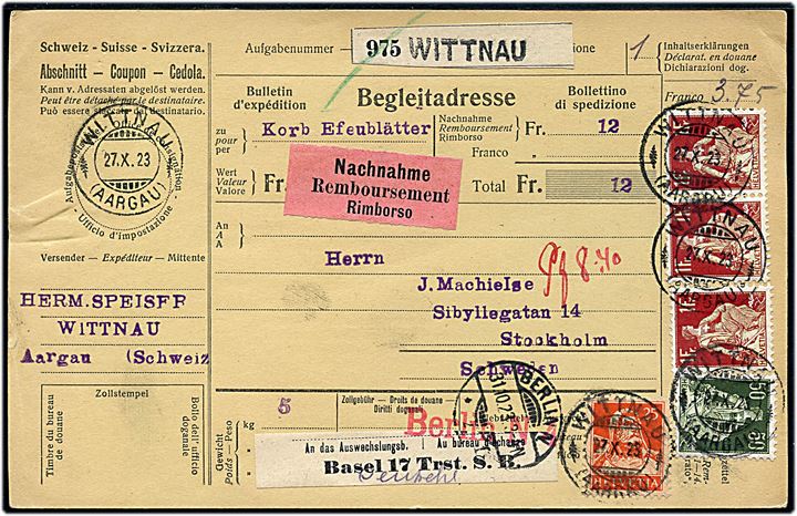 25 c., 50 c. og 1 fr. (3) på 3,75 fr. frankeret internationalt adressekort for pakke med opkrævning fra Wittnau d. 27.10.1923 via Berlin til Stockholm, Sverige.