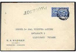 35 aur Landskab single på skibsbrev fra Reykjavik annulleret med britisk stempel i Edinburgh d. 10.9.1928 og sidestemplet Paquebot til København, Danmark.
