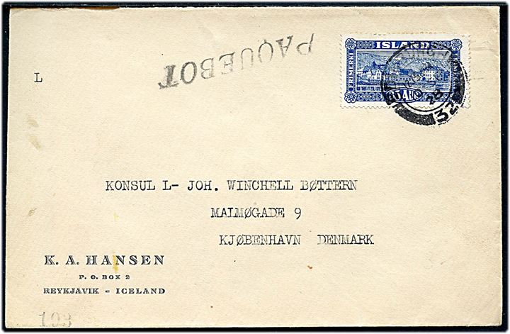 35 aur Landskab single på skibsbrev fra Reykjavik annulleret med britisk stempel i Edinburgh d. 10.9.1928 og sidestemplet Paquebot til København, Danmark.